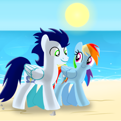 Size: 1400x1400 | Tagged: safe, artist:mlplary6, rainbow dash, soarin', pegasus, pony, g4, beach, boyfriend and girlfriend, female, looking at each other, looking at someone, male, mare, ocean, ship:soarindash, shipping, smiling, smiling at each other, stallion, straight, sun, walking, water