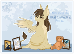 Size: 2160x1588 | Tagged: safe, artist:ezzerie, oc, oc:abby, sphinx, anniversary gift, female, photographs, plushie, sitting, solo, teddy bear