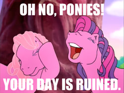 Size: 1440x1080 | Tagged: safe, edit, edited screencap, screencap, pinkie pie (g3), skywishes, earth pony, pony, friends are never far away, g3, caption, cloud, do not want, duo, female, image macro, mare, meme, open mouth, singing, sky, text, tree, your day is ruined