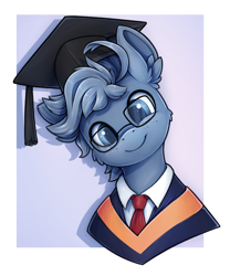 Size: 752x904 | Tagged: safe, artist:zeepheru_pone, oc, oc only, oc:zeph, pegasus, pony, atg 2023, cheek fluff, clothes, cute, ear fluff, glasses, graduation cap, hat, looking at you, male, necktie, newbie artist training grounds, smiling, solo, stallion