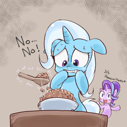 Size: 1394x1400 | Tagged: safe, artist:k-nattoh, starlight glimmer, trixie, pony, unicorn, g4, adorable distress, beans, cute, duo, food, frown, magic, natto, open mouth, smiling, text