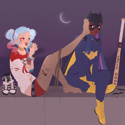 Size: 3072x3072 | Tagged: safe, artist:cryweas, trixie, twilight sparkle, human, g4, alternate hairstyle, annoyed, baseball bat, batgirl, batman, blushing, bondage, boots, bracelet, cape, choker, clothes, commission, cosplay, costume, crescent moon, cuffs, dc comics, duo, ear piercing, earring, eyebrow piercing, eyeshadow, feet, female, fishnet stockings, gloves, harley quinn, high res, humanized, jacket, jewelry, leather, leather jacket, lesbian, lipstick, makeup, mask, midriff, moon, nail polish, night, nose piercing, nose ring, open mouth, pants, piercing, ring, rooftop, rope, rope bondage, ship:twixie, shipping, shirt, shoes, shorts, sitting, stars, stocking feet, t-shirt, tattoo, teasing, toenail polish, torn clothes, twilight sparkle is not amused, unamused