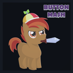 Size: 3020x3020 | Tagged: safe, button mash, earth pony, pony, button's adventures, don't mine at night, g4, background pony, colt, foal, hat, high res, male, mouth hold, propeller hat, solo, sword, weapon