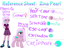 Size: 1024x768 | Tagged: safe, artist:rainbowstarcolour262, oc, oc only, oc:zina pearl, earth pony, human, pony, equestria girls, g4, angry, arm behind back, beautiful, bedroom eyes, clothes, crystal prep academy uniform, cutie mark, ear piercing, earring, earth pony oc, eyeshadow, female, frown, handwritten text, jewelry, looking back, makeup, mare, necklace, pearl earrings, pearl necklace, piercing, plaid skirt, pleated skirt, ponytail, pouting, purple eyes, raised hoof, reference sheet, school uniform, scrunchie, shirt, shoes, simple background, skirt, smiling, socks, standing, teeth, tsundere, white background