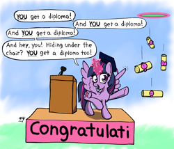 Size: 1400x1200 | Tagged: safe, artist:ebbysharp, twilight sparkle, alicorn, pony, g4, atg 2023, diploma, female, glowing, glowing horn, graduation cap, hat, horn, magic, mare, meme, misspelling, newbie artist training grounds, oprah winfrey, solo, telekinesis, twilight sparkle (alicorn), we couldn't fit it all in