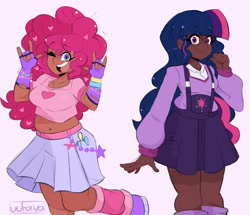 Size: 2048x1761 | Tagged: safe, artist:darkdoubloon, pinkie pie, sci-twi, twilight sparkle, human, equestria girls, g4, chubby, clothes, dark skin, detached sleeves, duo, looking at you, midriff, moderate dark skin, one eye closed, open mouth, redesign, simple background, skirt, smiling, the ass was fat, white background, wink
