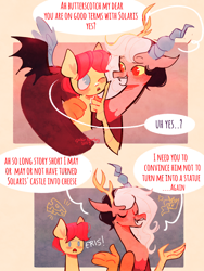 Size: 2390x3186 | Tagged: safe, artist:sockiepuppetry, discord, fluttershy, draconequus, pegasus, pony, g4, blush sticker, blushing, boop, butterscotch, comic, dialogue, duo, duo male and female, eris, female, high res, implied prince solaris, implied princess celestia, male, rule 63, shrug, speech bubble, stallion