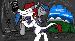 Size: 1252x698 | Tagged: safe, artist:damset, oc, oc only, oc:alika rex, oc:andy feelin, dragon, earth pony, pony, cave, female, forest, glasses, grass, male, mountain, ms paint, pixel art, poster