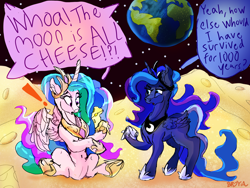 Size: 3200x2400 | Tagged: safe, artist:br0via, princess celestia, princess luna, alicorn, pony, g4, cheese, crown, earth, female, food, high res, hoof shoes, jewelry, mare, moon, regalia, royal sisters, siblings, sisters, tangible heavenly object