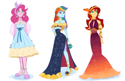 Size: 1280x829 | Tagged: dead source, safe, artist:pettypop, pinkie pie, rainbow dash, sunset shimmer, human, equestria girls, g4, accessory, boob window, clothes, dress, elegant, female, high heels, humanized, midriff, shoes, shoulderless, side slit, simple background, trio, trio female, white background