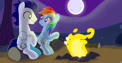 Size: 1980x1020 | Tagged: safe, artist:mlplary6, rainbow dash, soarin', pegasus, pony, g4, boyfriend and girlfriend, campfire, camping, female, food, looking at each other, looking at someone, male, mare, marshmallow, moon, ship:soarindash, shipping, sitting, smiling, smiling at each other, stallion, straight