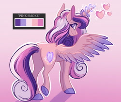 Size: 1984x1668 | Tagged: safe, alternate version, artist:carouselunique, princess cadance, alicorn, pony, g4, butt, crystal empire, female, glowing, glowing horn, gradient background, horn, limited palette, looking at you, looking back, looking back at you, lovebutt, mare, plot, smiling, solo, spread wings, wings