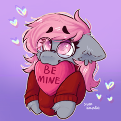 Size: 1829x1829 | Tagged: safe, artist:yumkandie, oc, oc only, oc:cherry rose, pegasus, pony, caption, clothes, cute, gradient background, hair over one eye, heart, heart eyes, long mane, solo, text, turtleneck, wingding eyes