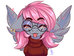 Size: 1600x1200 | Tagged: safe, artist:falafeljake, oc, oc only, oc:cherry rose, pegasus, pony, :p, clothes, cute, ear piercing, eyes closed, glasses, happy, long mane, piercing, simple background, solo, spread wings, tongue out, turtleneck, white background, wings