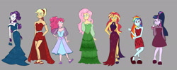 Size: 2048x818 | Tagged: dead source, safe, artist:pettypop, applejack, fluttershy, pinkie pie, rainbow dash, rarity, sci-twi, sunset shimmer, twilight sparkle, human, equestria girls, g4, clothes, dress, ear piercing, earring, elegant, fashion, feet, female, gloves, gray background, hand in pocket, humane five, humane seven, humane six, jewelry, piercing, sandals, shoes, simple background