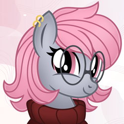 Size: 2500x2500 | Tagged: safe, artist:jennieoo, oc, oc only, oc:cherry rose, pegasus, pony, clothes, ear piercing, glasses, happy, high res, long mane, piercing, simple background, smiling, solo, turtleneck