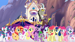 Size: 1192x670 | Tagged: safe, bon bon, discord, fluttershy, pinkie pie, rarity, spike, starlight glimmer, sunset shimmer, sweetie drops, twilight sparkle, oc, oc:pinkie rose, alicorn, draconequus, dragon, pony, seapony (g4), g4, spoiler:comic, caption, element of generosity, element of honesty, element of kindness, element of laughter, element of loyalty, element of magic, elements of harmony, image macro, text, twilight sparkle (alicorn)