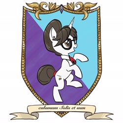 Size: 2048x2048 | Tagged: safe, artist:pfeffaroo, raven, pony, unicorn, g4, commission, commissioner:pony4koma, glasses, heraldry, high res, latin, rearing, side view, simple background, solo, white background, ych result