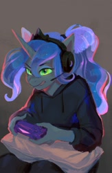 Size: 1300x2000 | Tagged: safe, artist:dearmary, princess luna, queen chrysalis, alicorn, anthro, collaboration:meet the best showpony, gamer luna, g4, clothes, collaboration, controller, disguise, disguised changeling, fake luna, female, gray background, headphones, hoodie, simple background, solo