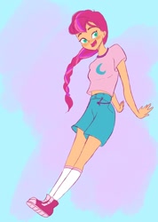 Size: 1458x2048 | Tagged: safe, artist:pettypop, sunny starscout, human, equestria girls, g4, g5, clothes, converse, cute, female, humanized, open mouth, shirt, shoes, shorts, sneakers, socks, solo, stockings, sunnybetes, t-shirt, thigh highs