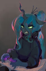 Size: 1300x2000 | Tagged: safe, artist:dearmary, queen chrysalis, changeling, changeling queen, anthro, collaboration:meet the best showpony, g4, clothes, collaboration, controller, female, gamer chrysalis, gray background, headphones, hoodie, rage quit, simple background, solo
