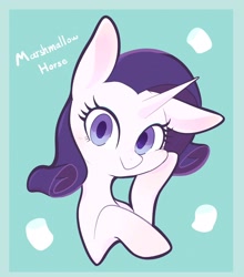 Size: 1804x2048 | Tagged: safe, artist:noupu, rarity, pony, unicorn, g4, border, bust, female, green background, hoof on cheek, looking at you, mare, rarity is a marshmallow, simple background, solo, text