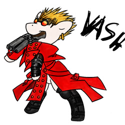 Size: 851x851 | Tagged: safe, anonymous artist, earth pony, pony, anime, boots, clothes, coat, crossover, ear piercing, glasses, gun, mouth hold, name, piercing, ponified, rearing, shoes, simple background, solo, trigun, vash the stampede, weapon, white background