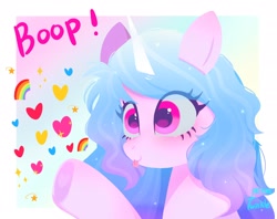 Size: 2048x1620 | Tagged: safe, artist:petaltwinkle, izzy moonbow, pony, unicorn, g5, :3, :p, boop, bust, cute, female, heart, izzybetes, mare, rainbow, signature, smiling, solo, sparkles, tongue out, underhoof