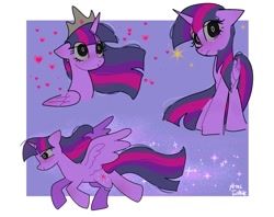 Size: 1024x810 | Tagged: safe, artist:petaltwinkle, twilight sparkle, alicorn, pony, g4, crown, female, jewelry, mare, passepartout, regalia, running, signature, smiling, solo, sparkles, spread wings, twilight sparkle (alicorn), white background, wings
