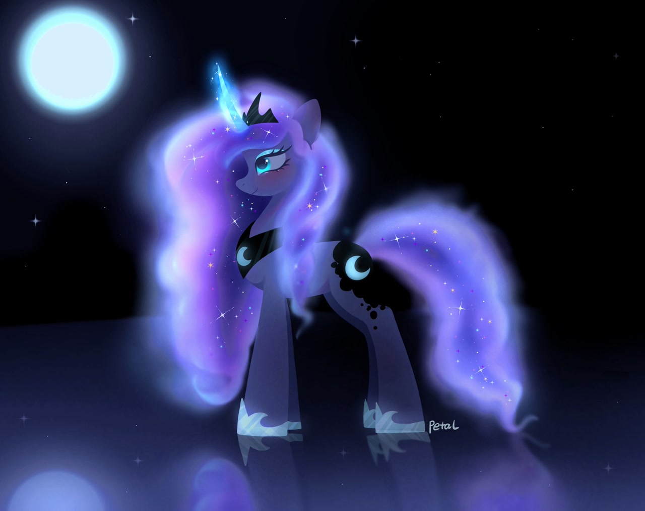 [alicorn,blushing,female,glowing,glowing horn,horn,mare,moon,pony,princess luna,reflection,safe,solo,looking up,full moon,smiling,artist:petaltwinkle]