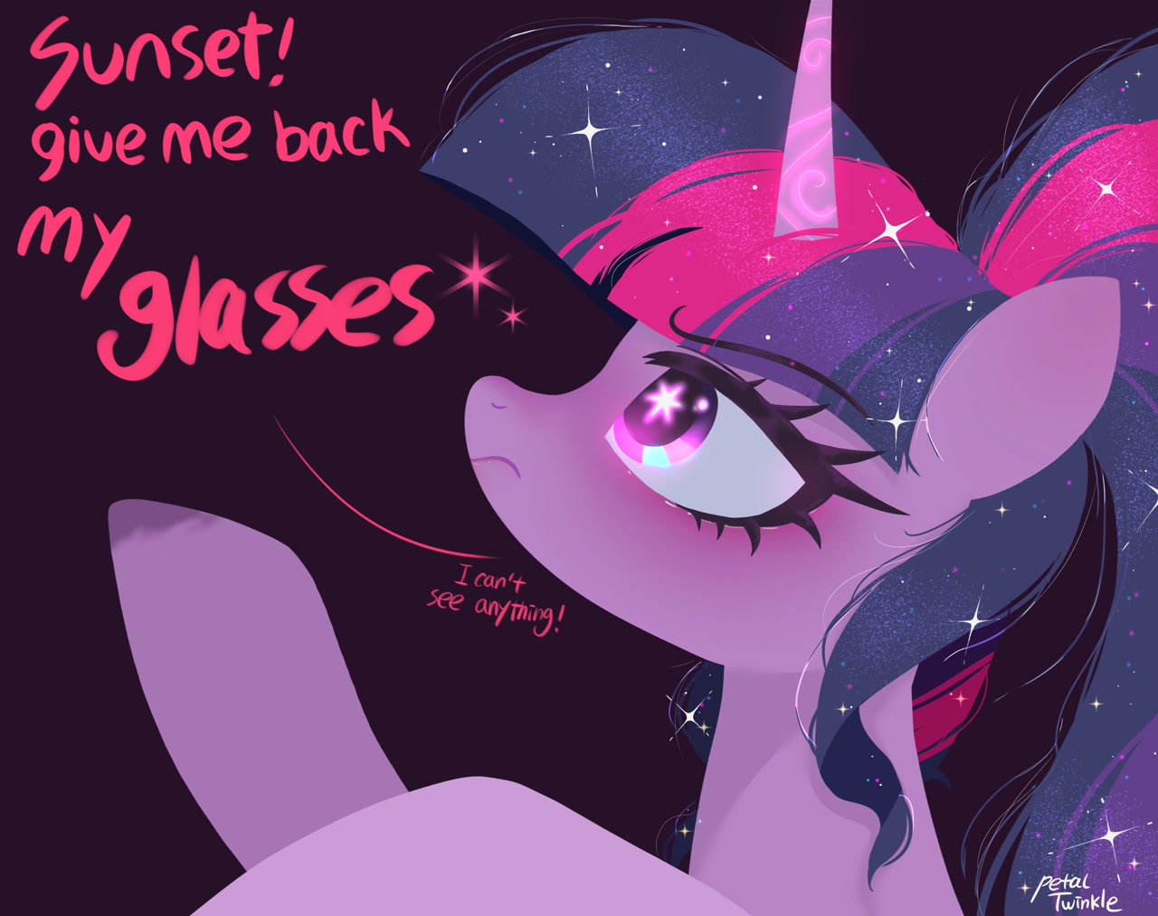 [black background,bust,dialogue,equestria girls,female,frown,mare,missing accessory,pony,safe,signature,simple background,solo,twilight sparkle,unicorn,wingding eyes,looking up,ethereal mane,no glasses,equestria girls ponified,starry mane,cutie mark eyes,implied sunset shimmer,sci-twi,unicorn sci-twi,artist:petaltwinkle]