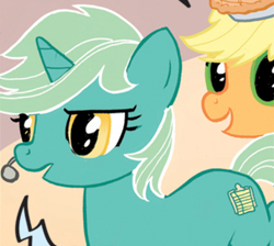 Size: 303x271 | Tagged: safe, artist:carla speed mcneil, idw, official comic, applejack, daily revision, earth pony, pony, unicorn, friends forever #1, g4, my little pony: friends forever, spoiler:comic, cropped, duo, duo female, female, food, headset mic, horn, mare, offscreen character, open mouth, open smile, pie, smiling, tail