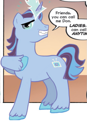 Size: 377x526 | Tagged: safe, artist:carla speed mcneil, idw, official comic, jumbo don, pony, unicorn, friends forever #1, g4, my little pony: friends forever, spoiler:comic, cropped, dialogue, glowing, glowing horn, grin, horn, male, raised hoof, smiling, solo, speech bubble, stallion, tail, unshorn fetlocks