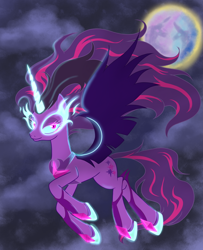 Size: 2480x3058 | Tagged: safe, artist:nightglowfan, twilight sparkle, alicorn, pony, equestria girls, g4, concave belly, equestria girls ponified, female, flying, full moon, glowing, glowing eyes, high res, hoof shoes, implied princess celestia, implied princess luna, lidded eyes, long mane, long tail, mare, mare in the moon, midnight sparkle, moon, night, ponified, princess shoes, sky, slender, smiling, smirk, solo, spread wings, tail, thin, wings