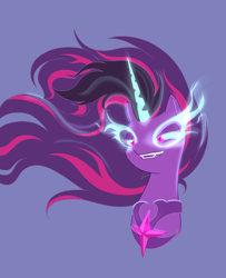 Size: 2480x3058 | Tagged: safe, artist:nightglowfan, twilight sparkle, alicorn, pony, equestria girls, g4, bust, equestria girls ponified, evil smile, female, flowing mane, grin, high res, mare, midnight sparkle, ponified, portrait, sharp teeth, simple background, smiling, solo, teeth