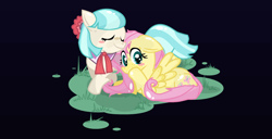 Size: 1366x702 | Tagged: safe, artist:fizzyfeathers, coco pommel, fluttershy, earth pony, pegasus, pony, g4, black background, blush sticker, blushing, cocobetes, cocoshy, cuddling, cute, duo, duo female, eyes closed, female, floppy ears, freckles, freckleshy, lesbian, lying down, mare, prone, shipping, shyabetes, simple background