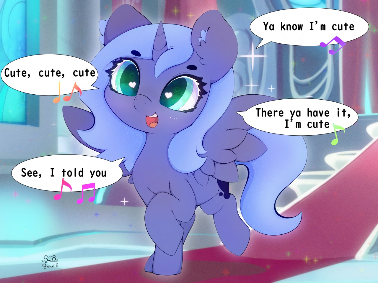 [alicorn,cute,female,filly,heart,heart eyes,lyrics,music notes,open mouth,pony,princess luna,safe,singing,solo,text,wingding eyes,wings,woona,younger,throne room,ear fluff,artist:zokkili,lunabetes,smiling,spread wings,open smile,canterlot throne room]