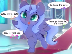 Size: 4000x3000 | Tagged: safe, artist:zokkili, princess luna, alicorn, pony, g4, canterlot throne room, cute, ear fluff, female, filly, heart, heart eyes, high res, horn, lunabetes, lyrics, music notes, open mouth, open smile, singing, smiling, solo, spread wings, text, throne room, wingding eyes, wings, woona, younger