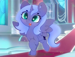 Size: 4000x3000 | Tagged: safe, alternate version, artist:zokkili, princess luna, alicorn, pony, g4, beanbrows, canterlot throne room, cute, ear fluff, eyebrows, eyebrows visible through hair, female, filly, heart, heart eyes, high res, horn, indoors, looking at you, lunabetes, open mouth, open smile, raised hoof, raised leg, signature, smiling, smiling at you, solo, sparkles, spread wings, throne room, wingding eyes, wings, woona, younger