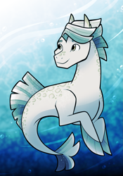 Size: 941x1346 | Tagged: safe, artist:eternity9, oc, oc only, oc:silver river, earth pony, seapony (g4), artfight, blue mane, blue tail, bubble, crepuscular rays, digital art, dorsal fin, fin, fins, happy, male, ocean, scales, seaponified, smiling, solo, species swap, stallion, sunlight, swimming, tail, underwater, water