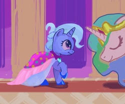 Size: 1915x1596 | Tagged: safe, artist:mandumustbasukanemen, princess celestia, trixie, alicorn, pony, unicorn, g4, alternate hairstyle, bowing, carpet, castle, clothes, dress, duo, eyes closed, grand galloping gala, horn, indoors, jewelry, newbie artist training grounds, red carpet, regalia, size difference, smiling, starry eyes, wingding eyes