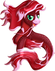 Size: 1050x1350 | Tagged: safe, artist:schattenspielrex, oc, oc only, earth pony, seapony (g4), digital art, fins, fish tail, flowing mane, flowing tail, green eyes, looking at you, male, open mouth, open smile, red mane, red tail, scales, seaponified, simple background, smiling, smiling at you, solo, species swap, stallion, tail, transparent background