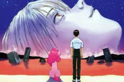 Size: 1155x767 | Tagged: safe, artist:pascal571, edit, pinkie pie, earth pony, human, pony, g4, anime, end of evangelion, facing away, female, male, mare, meme, neon genesis evangelion, shinji ikari