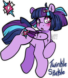 Size: 1432x1644 | Tagged: safe, alternate version, artist:sexygoatgod, twilight sparkle, oc, oc only, oc:twinkle sparkle, pegasus, pony, alternate universe, blushing, female, heterochromia, simple background, solo, transparent background