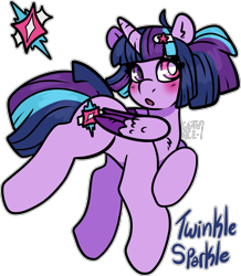 Size: 1432x1644 | Tagged: safe, alternate version, artist:sexygoatgod, twilight sparkle, oc, oc only, oc:twinkle sparkle, alicorn, pony, alternate universe, blushing, heterochromia, simple background, solo, transparent background, twilight sparkle (alicorn)