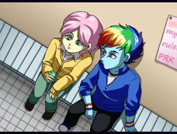 Size: 750x570 | Tagged: safe, artist:prk, fluttershy, rainbow dash, human, equestria girls, g4, butterscotch, cellphone, clothes, converse, equestria guys, male, phone, rainbow blitz, rule 63, shoes