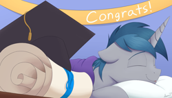 Size: 2000x1141 | Tagged: safe, artist:arcane-thunder, oc, oc only, oc:arcane thunder, pony, unicorn, 2023, atg 2023, banner, diploma, graduation, graduation cap, hat, horn, male, newbie artist training grounds, resting, solo, unicorn oc