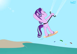 Size: 503x350 | Tagged: safe, artist:ironm17, starlight glimmer, pony, unicorn, g4, ^^, bipedal, eyes closed, female, kitesurfing, solo, surfboard, water, wave