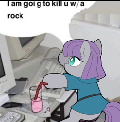 Size: 728x740 | Tagged: safe, artist:unoriginai, maud pie, earth pony, pony, g4, computer, cute, drink, female, irl, keyboard, mare, maudabetes, meme, photo, ponies in real life, smiling, solo, speech bubble, when she smiles