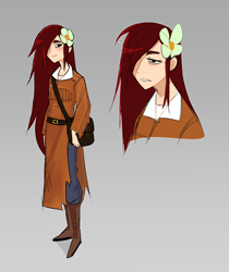 Size: 1890x2248 | Tagged: safe, artist:syrupyyy, oc, oc:apple bloom, earth pony, human, fanfic:song of seven, bag, bags under eyes, boots, clothes, cowboy, denim, eyebrows, flower, flower in hair, humanized, humanized oc, jacket, jeans, leather, leather jacket, long hair, messy hair, pale skin, pants, red hair, reference sheet, shoes, simple background, tassels, wat, white shirt